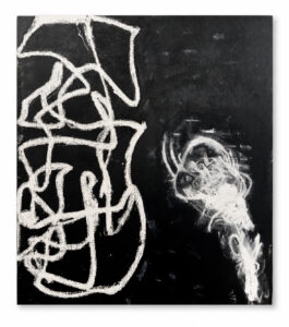 Chalk Against Night (2025) by Dominic J. Lopez, an abstract painting featuring bold white gestural lines against a deep black background, with a soft, smoke-like form emerging on the right.